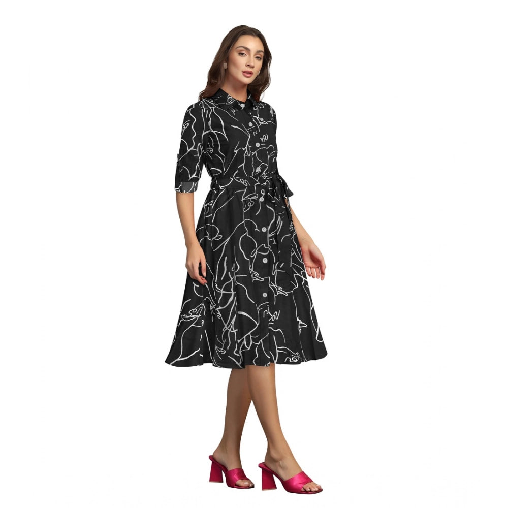 Women's Ruby Cotton Printed Shirt Collar 3-4th Sleeve Dress (Black)