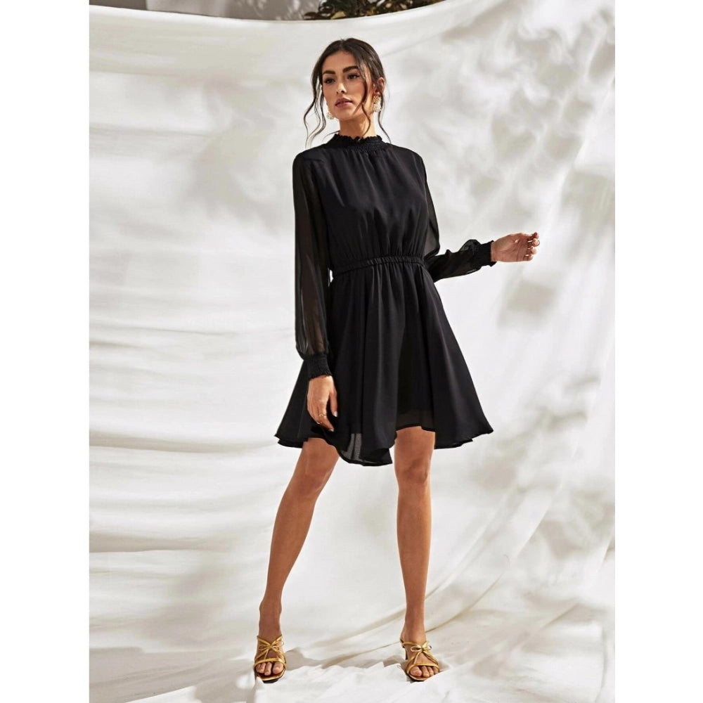 Women's Fox Georgette Solid High Neck Full Sleeve Dress (Black)