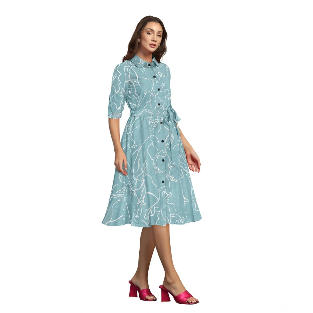 Women's Ruby Cotton Printed Shirt Collar 3-4th Sleeve Dress (Pista)