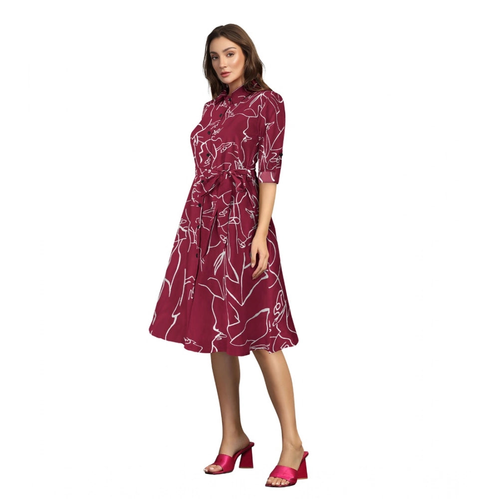 Women's Ruby Cotton Printed Shirt Collar 3-4th Sleeve Dress (Maroon)