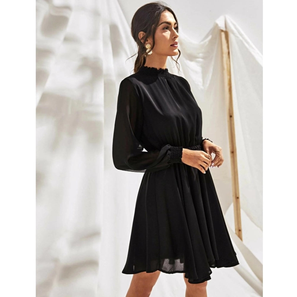 Women's Fox Georgette Solid High Neck Full Sleeve Dress (Black)