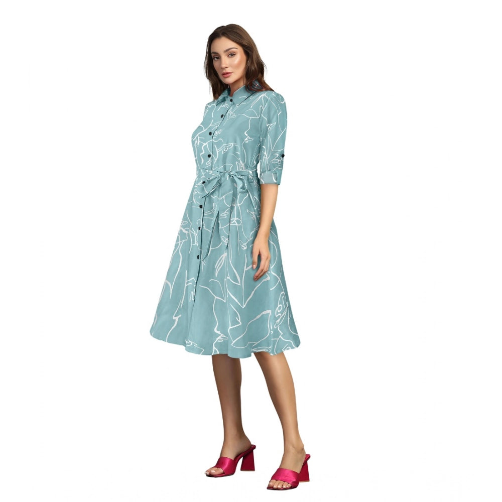 Women's Ruby Cotton Printed Shirt Collar 3-4th Sleeve Dress (Pista)