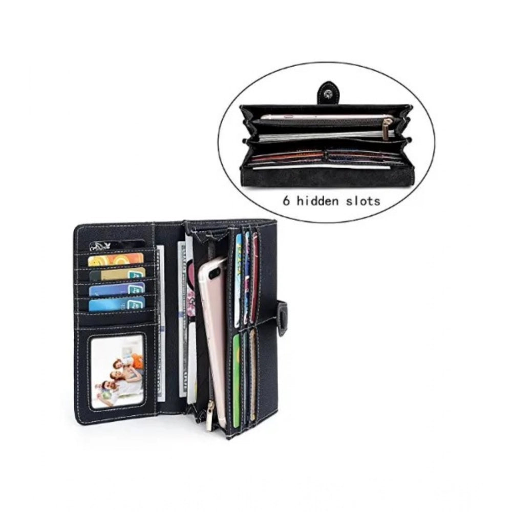 Women's Faux Leather Medium Snap Button Wallet (Black)