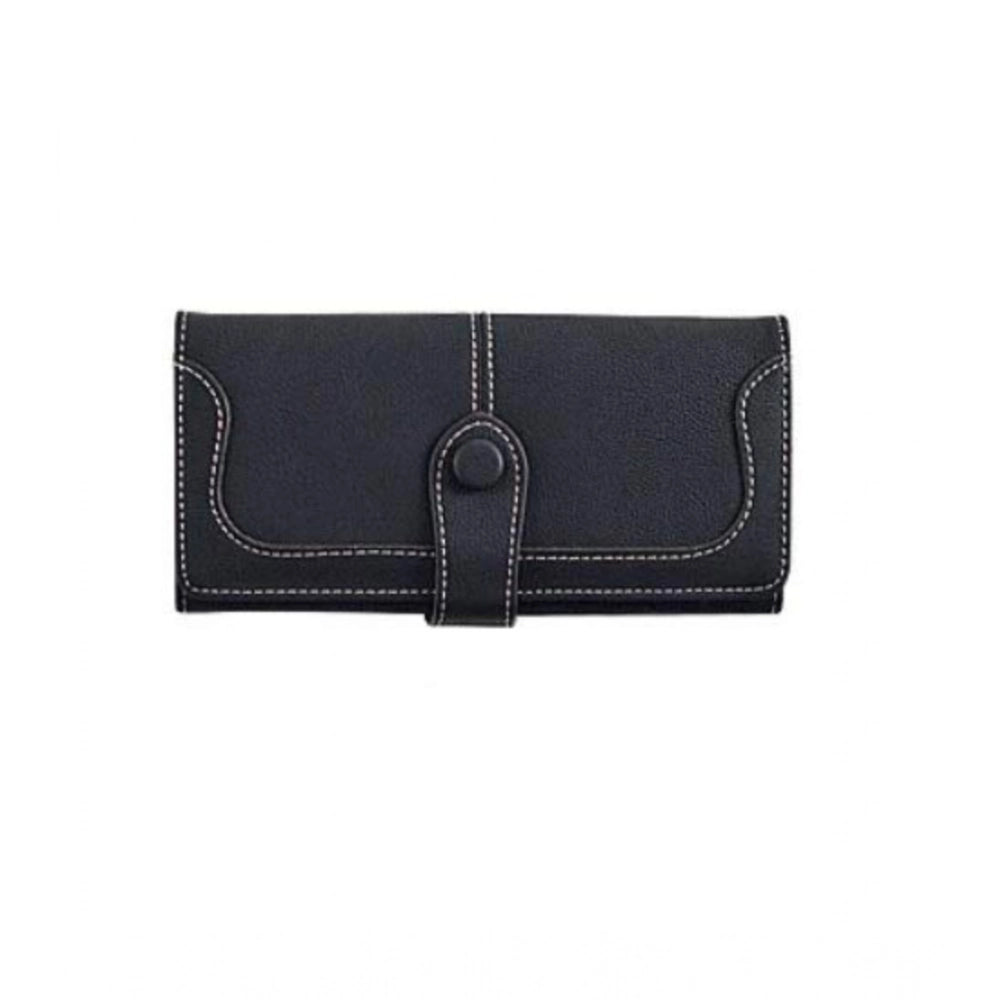Women's Faux Leather Medium Snap Button Wallet (Black)