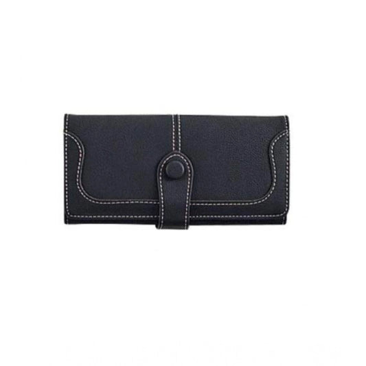 Women's Faux Leather Medium Snap Button Wallet (Black)