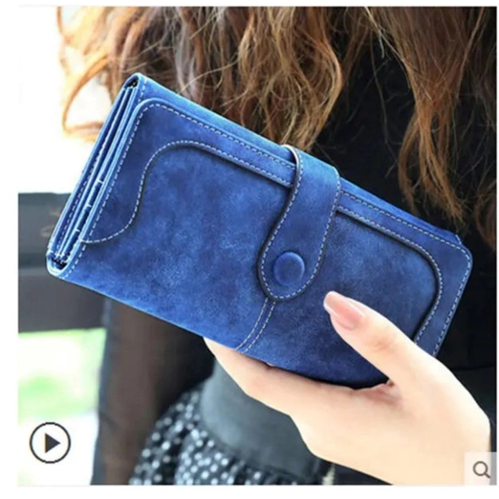Women's Faux Leather Medium Snap Button Wallet (Dark Blue)