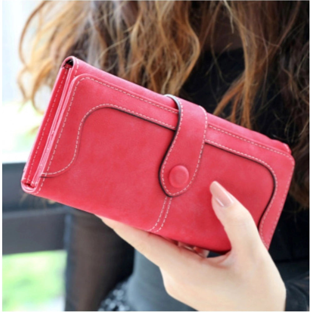 Women's Faux Leather Medium Snap Button Wallet (Red)