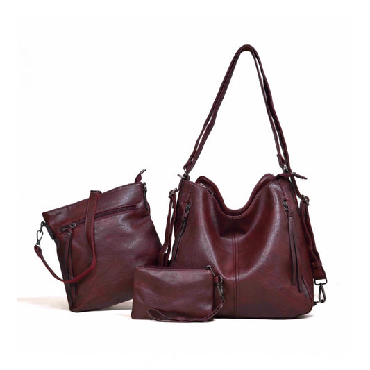 Women's PU Leather Medium Shoulder Zipper Handbag (Wine red)
