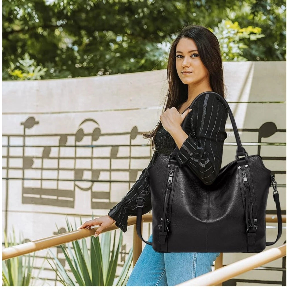 Women's PU Leather Large Shoulder Zipper Handbag (Black)