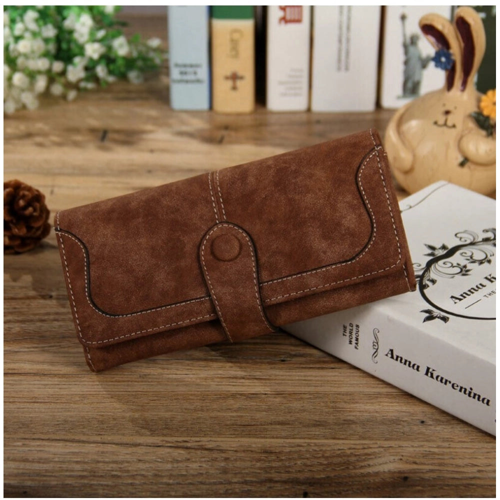 Women's Faux Leather Medium Snap Button Wallet (Brown)