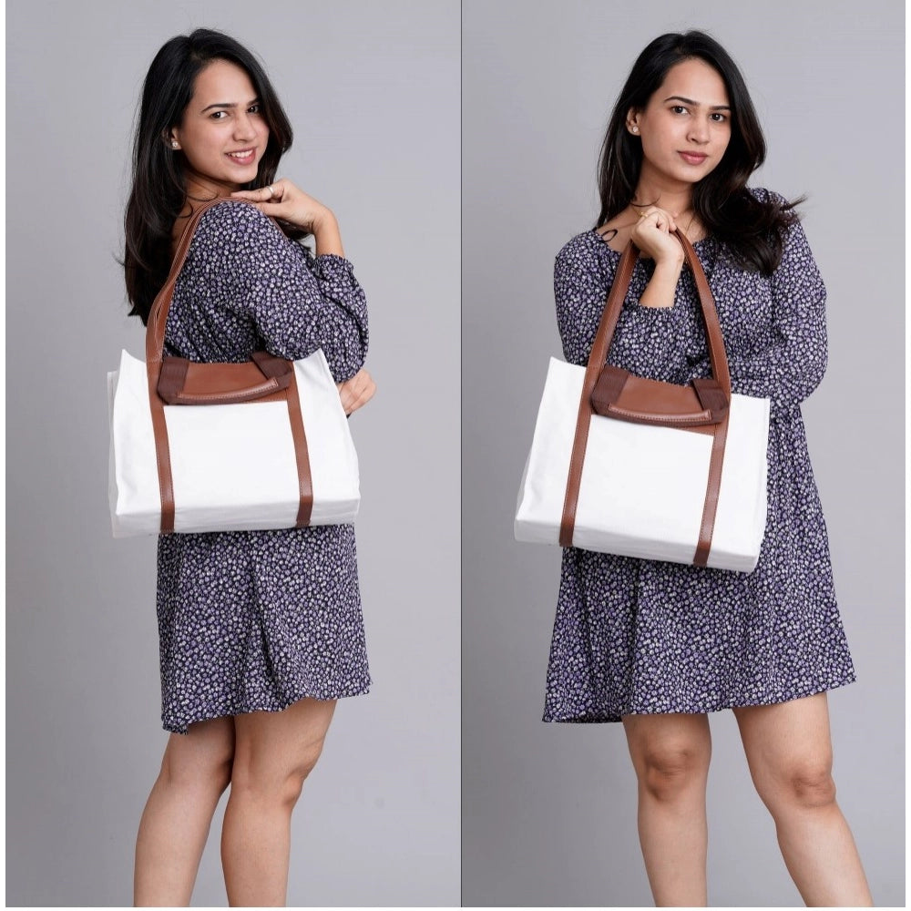 Women's Canvas Medium Top handle Satchel Zipper Handbag (White)