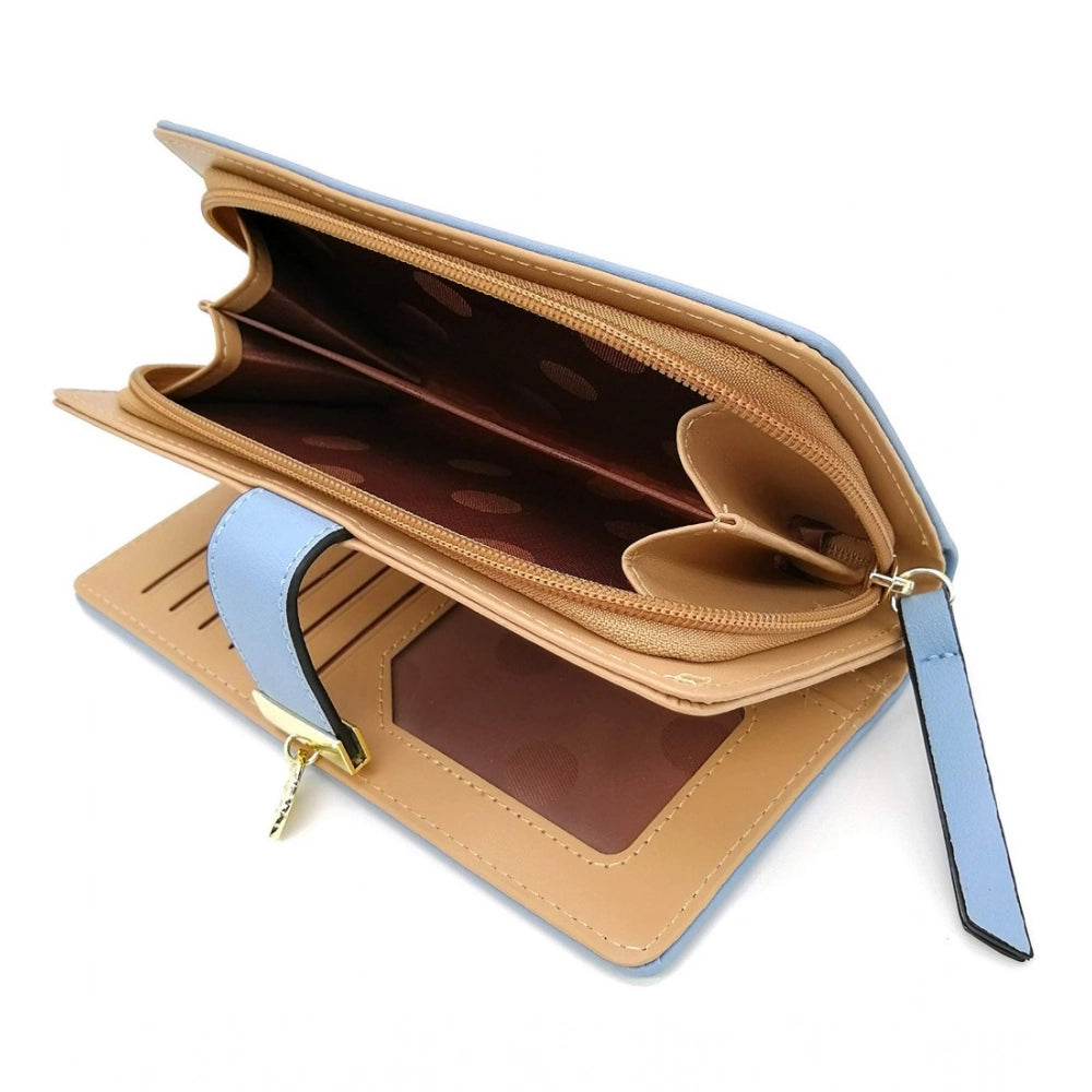 Women's Faux Leather Medium Snap Button Wallet (Blue)