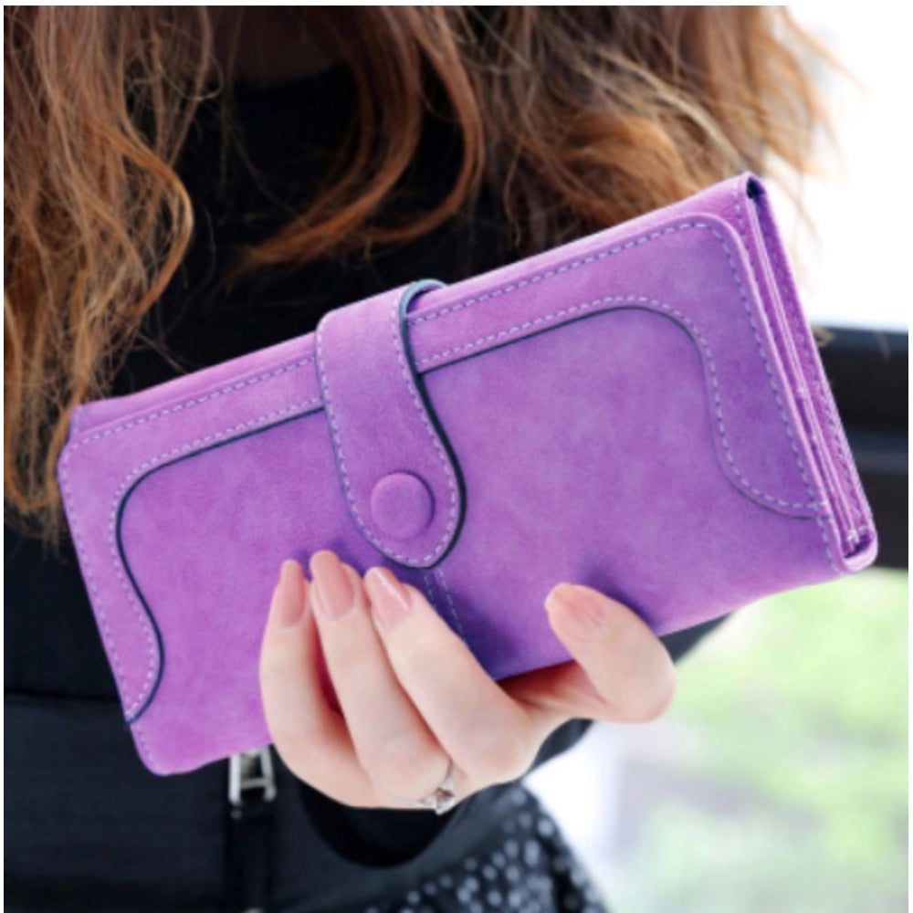 Women's Faux Leather Medium Snap Button Wallet (Purple)