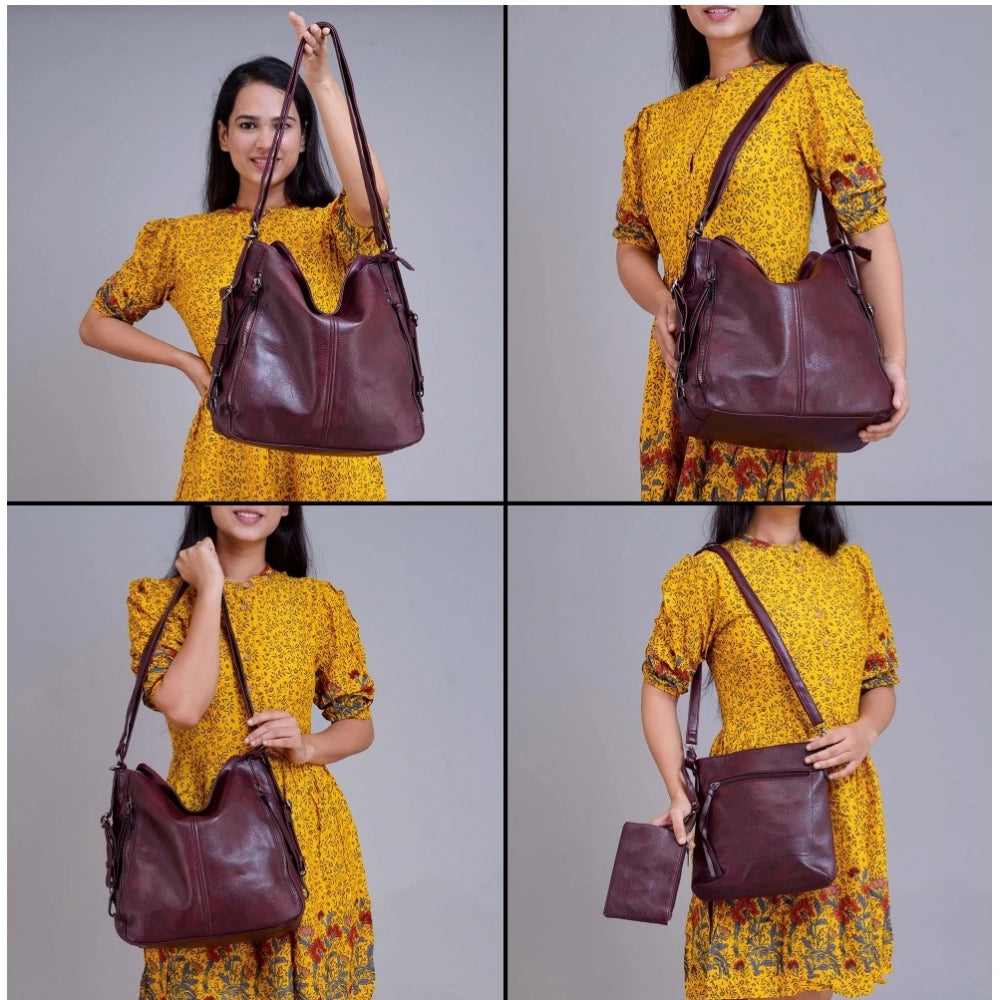 Women's PU Leather Medium Shoulder Zipper Handbag (Wine red)