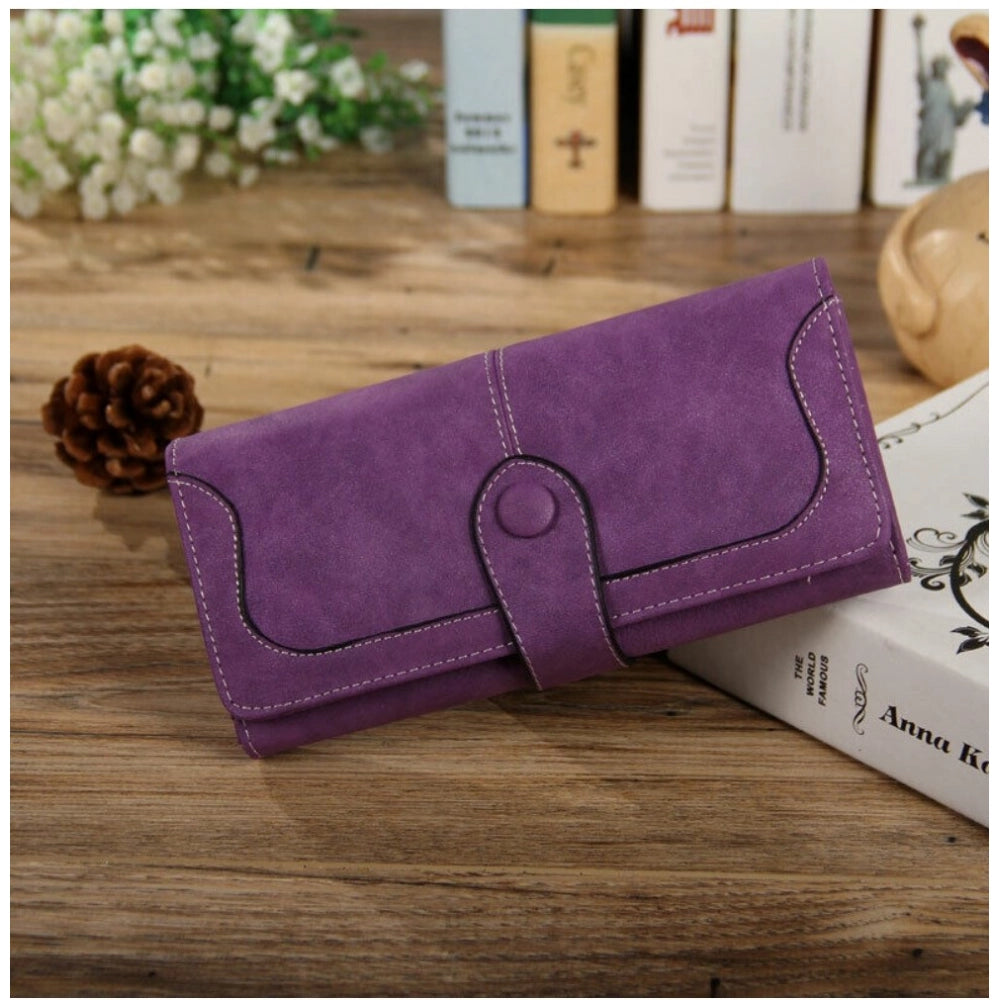 Women's Faux Leather Medium Snap Button Wallet (Purple)