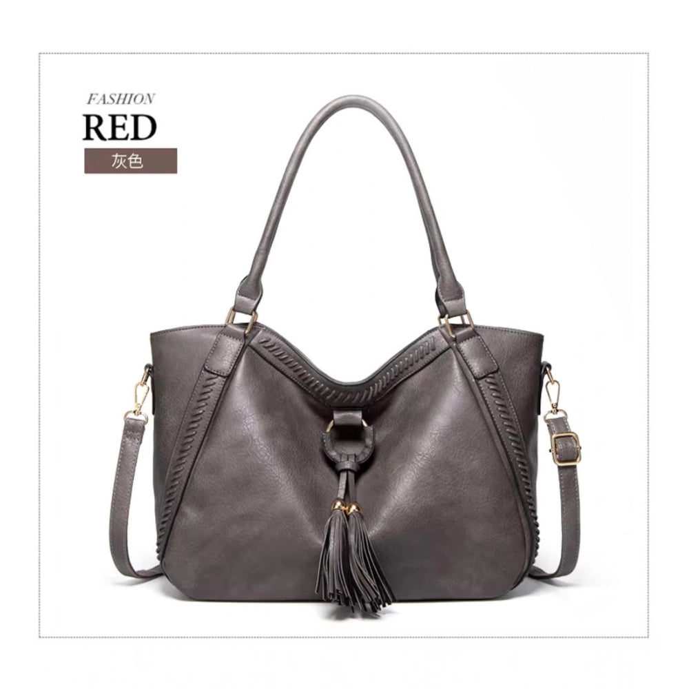 Women's PU Leather Large Shoulder Zipper Handbag (Grey)