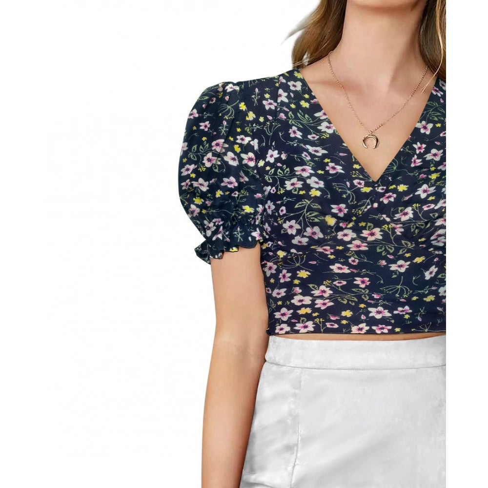 Women's Knitting Printed V-Neck Puff Sleeve Tops (Navy Blue)