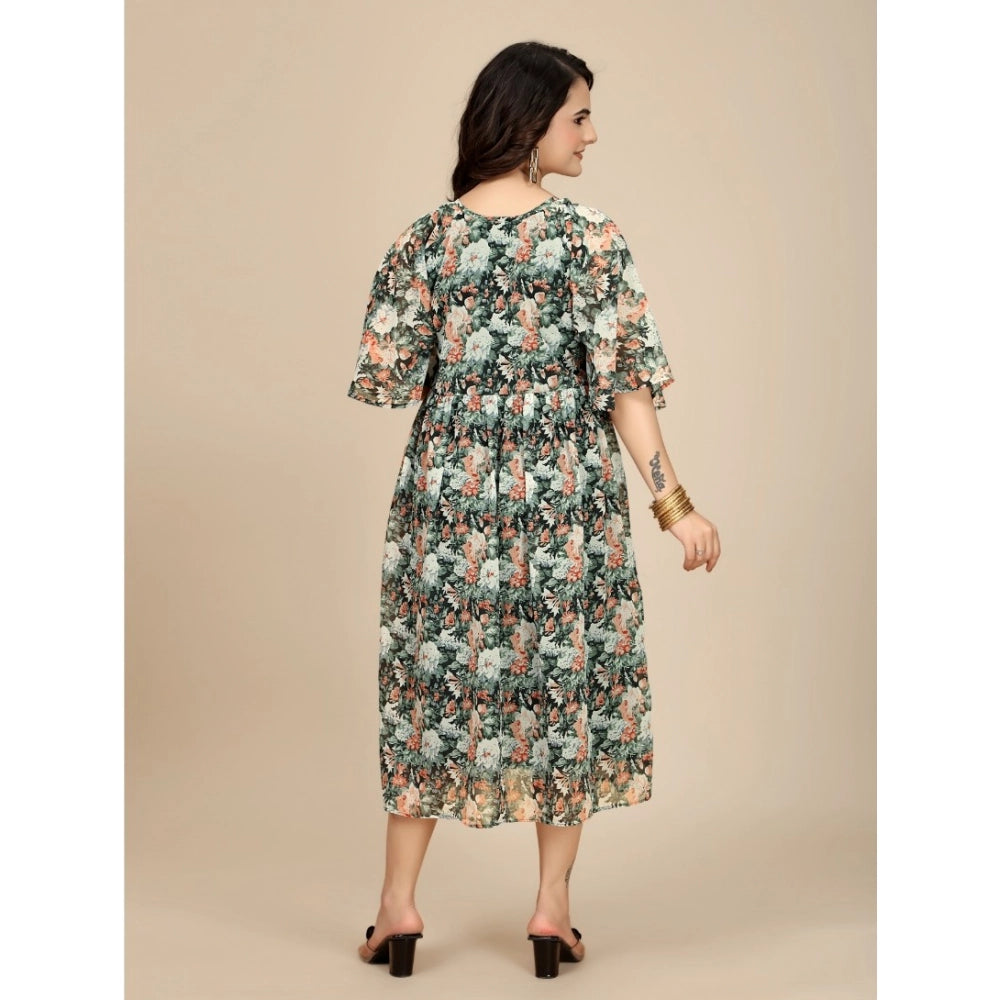 Women's Georgette Printed Round Neck Short Sleeve Dress (Black)