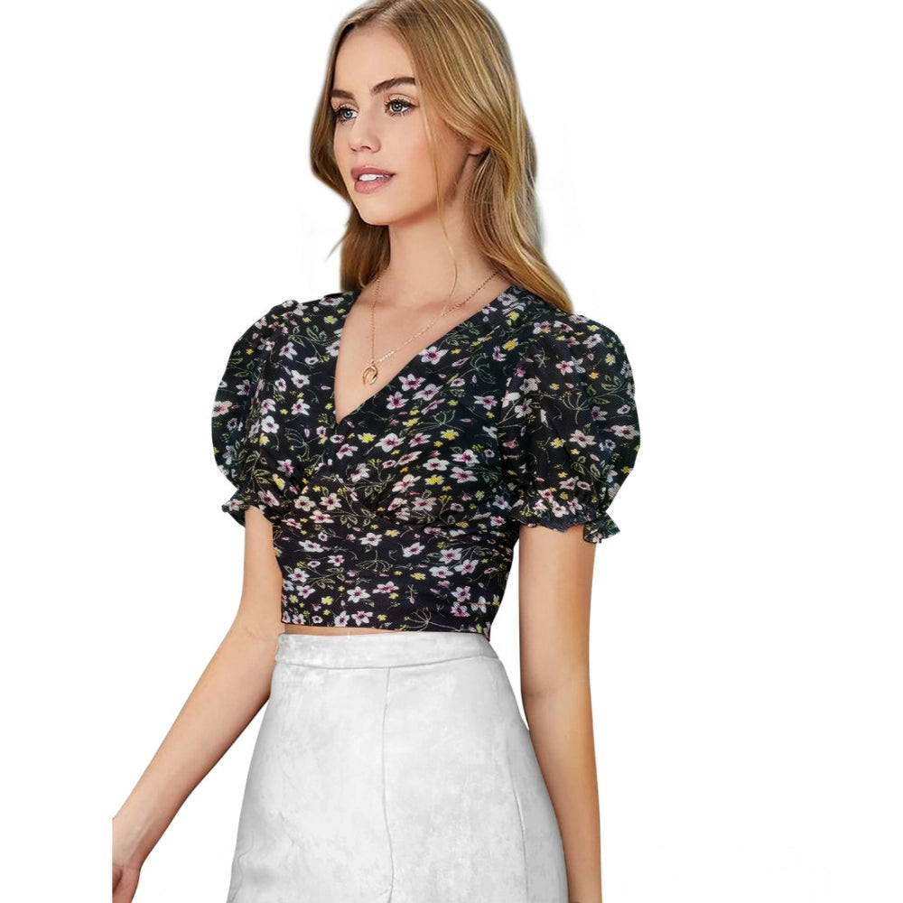 Women's Knitting Printed V-Neck Puff Sleeve Tops (Black)