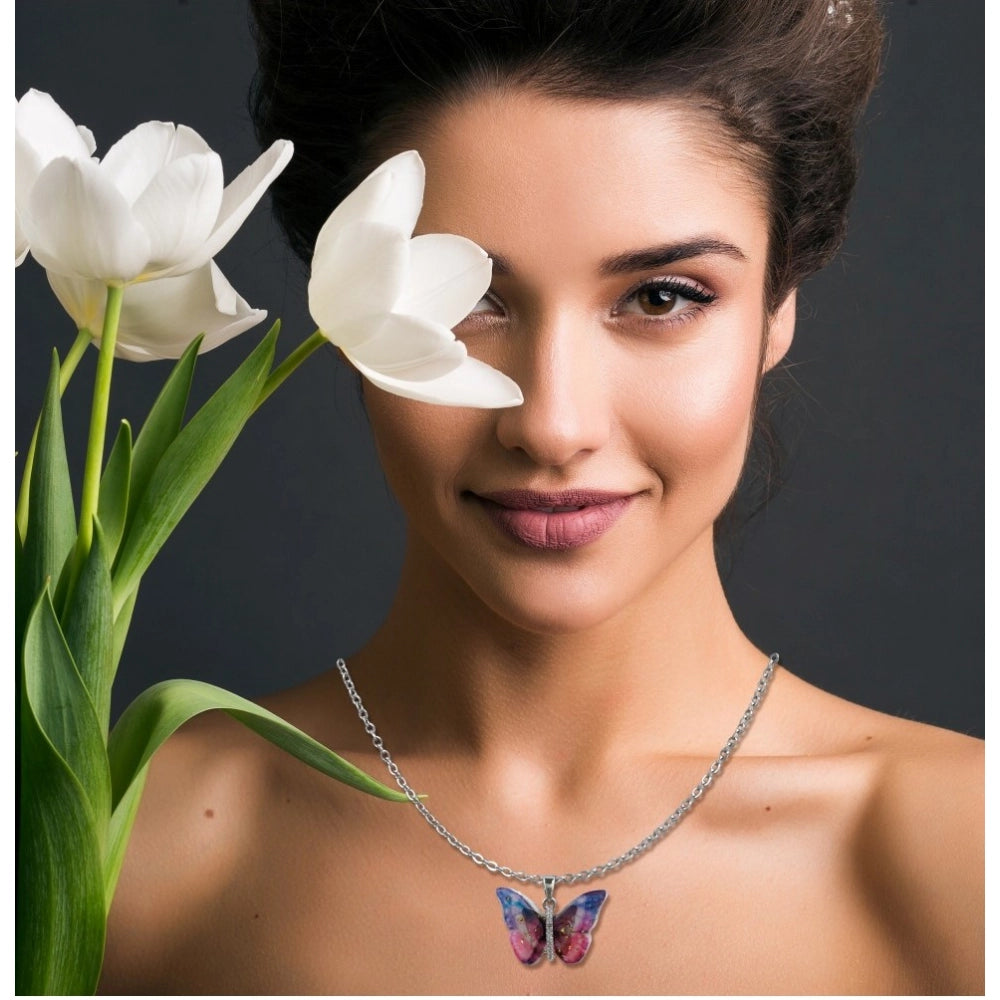 Women's Stainless Steel Colorful Butterfly Pendent Dailywear chain (Silver Plated)