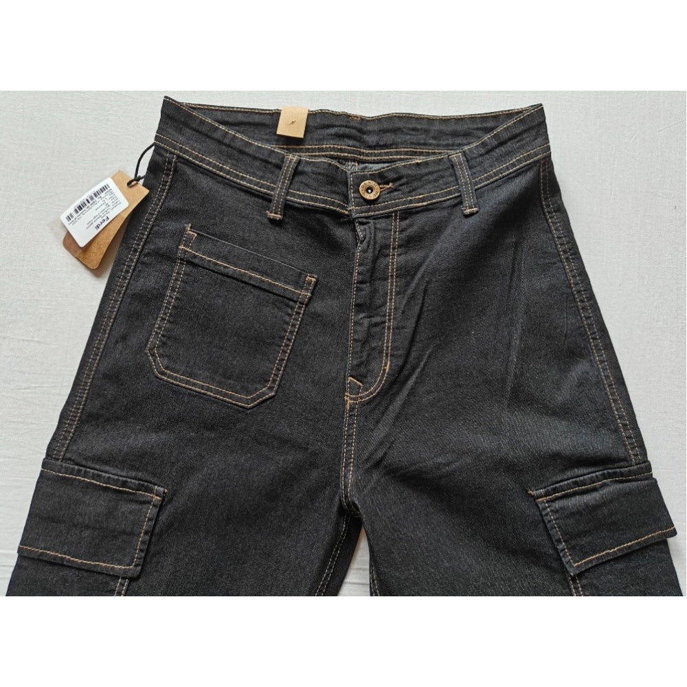 Women's Cotton Blended Solid Cargo Straight Fit (Black)