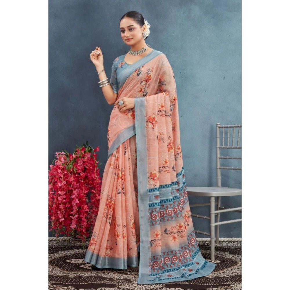 Women's Linen Floral Printed Saree With Unstitched Blouse 5.5Mtr (Orange)