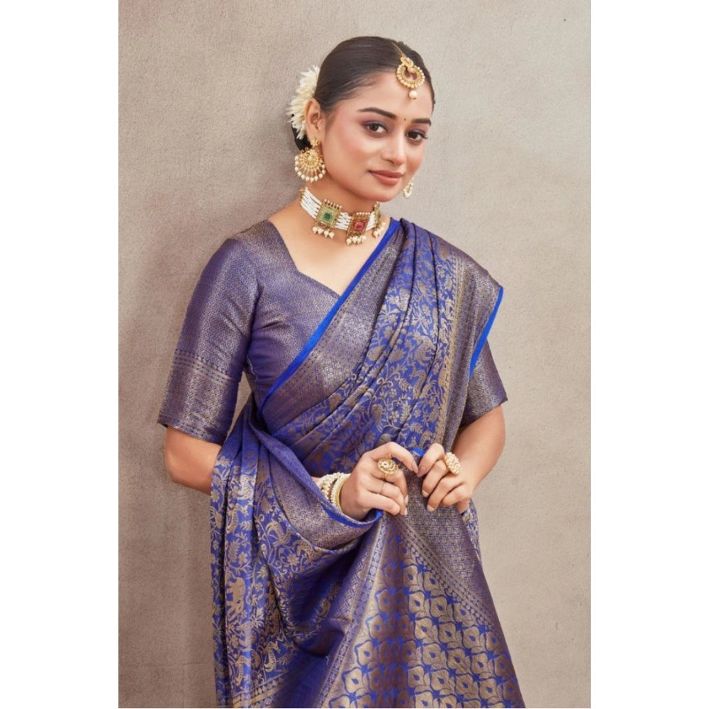 Women's Silk Blend Floral Printed Saree With Unstitched Blouse 5.5Mtr (Royal Blue)
