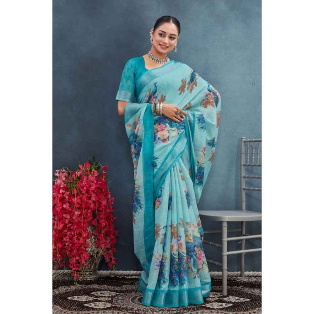 Women's Linen Floral Printed Saree With Unstitched Blouse 5.5Mtr (Aqua)
