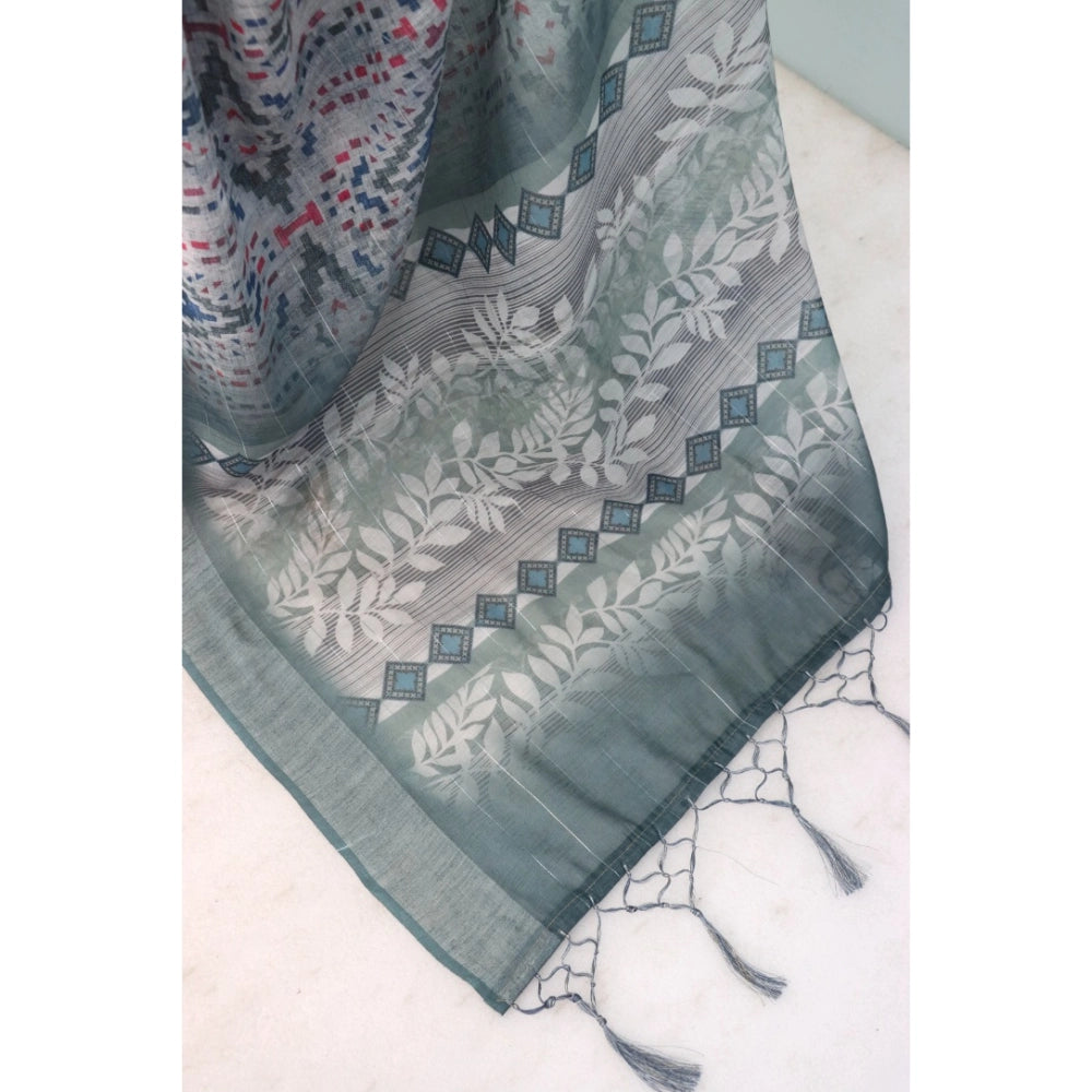 Women's Linen Digital Print Saree With Unstitched Blouse 5.5Mtr (Grey)