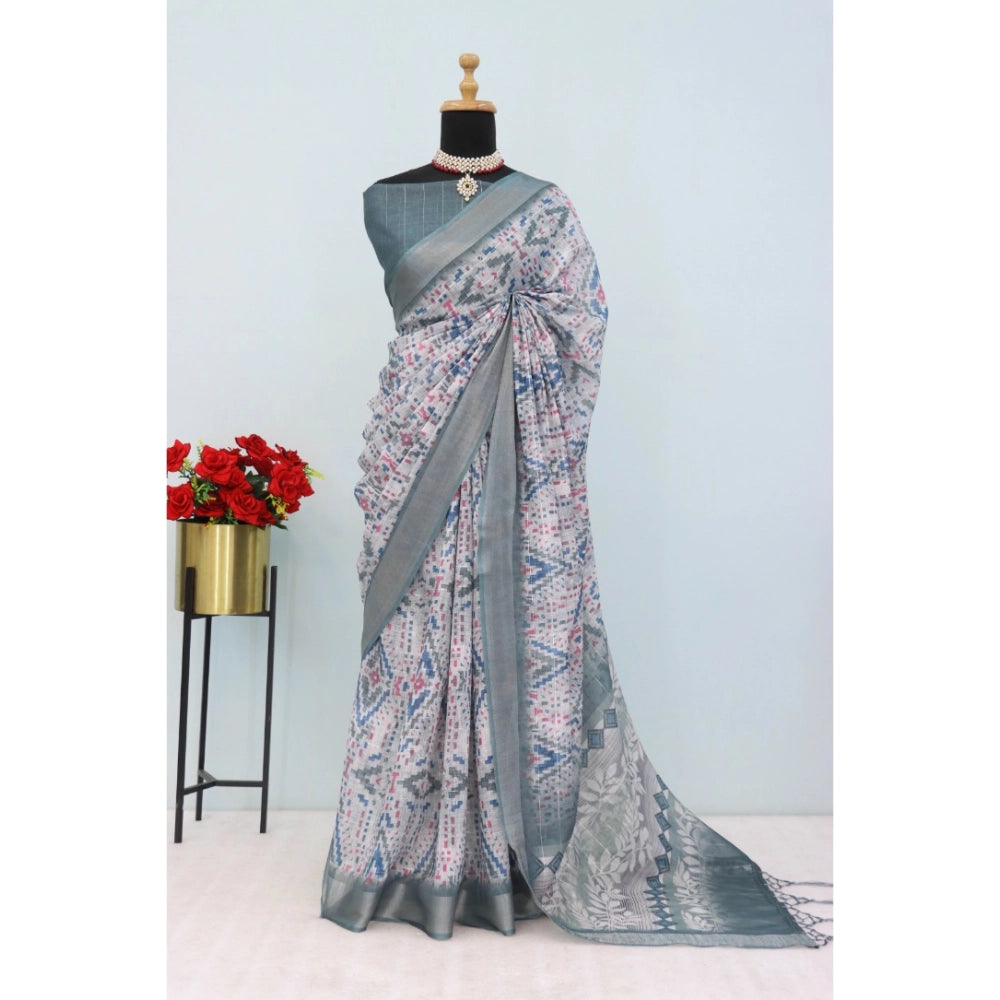 Women's Linen Digital Print Saree With Unstitched Blouse 5.5Mtr (Grey)