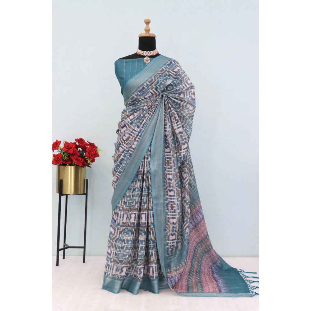 Women's Linen Digital Print Saree With Unstitched Blouse 5.5Mtr (Green)