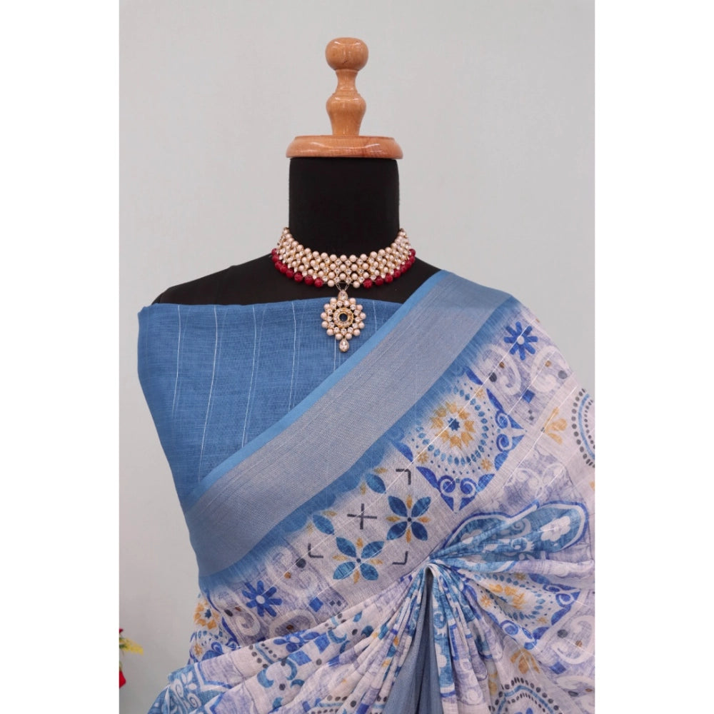 Women's Linen Digital Print Saree With Unstitched Blouse 5.5Mtr (Blue)