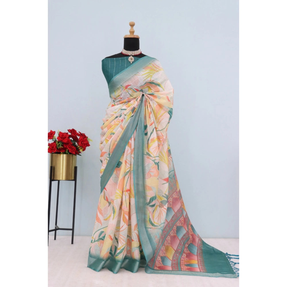 Women's Linen Digital Print Saree With Unstitched Blouse 5.5Mtr (Green)