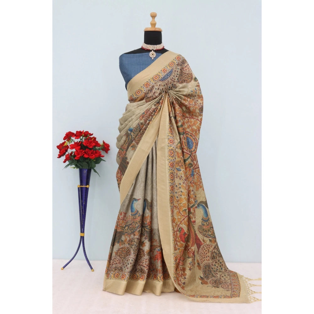 Women's Mysore Silk Digital Print Saree With Unstitched Blouse 5.5Mtr (Beige)