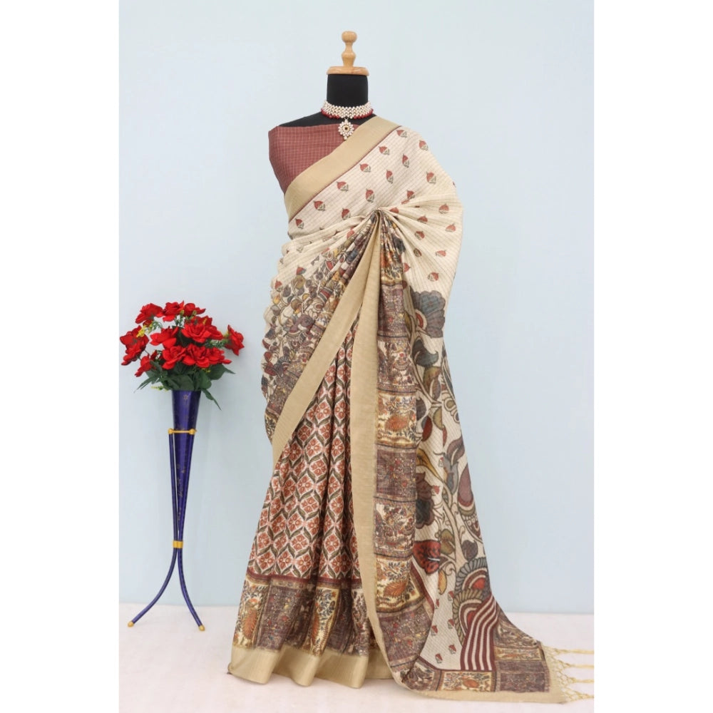 Women's Mysore Silk Digital Print Saree With Unstitched Blouse 5.5Mtr (Beige)
