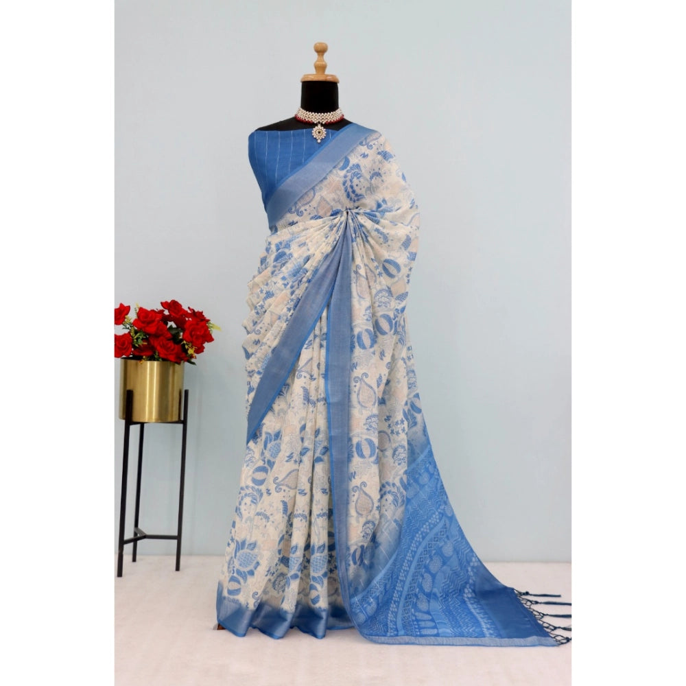 Women's Linen Digital Print Saree With Unstitched Blouse 5.5Mtr (Blue)