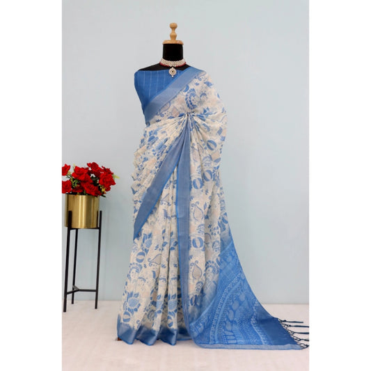 Women's Linen Digital Print Saree With Unstitched Blouse 5.5Mtr (Blue)