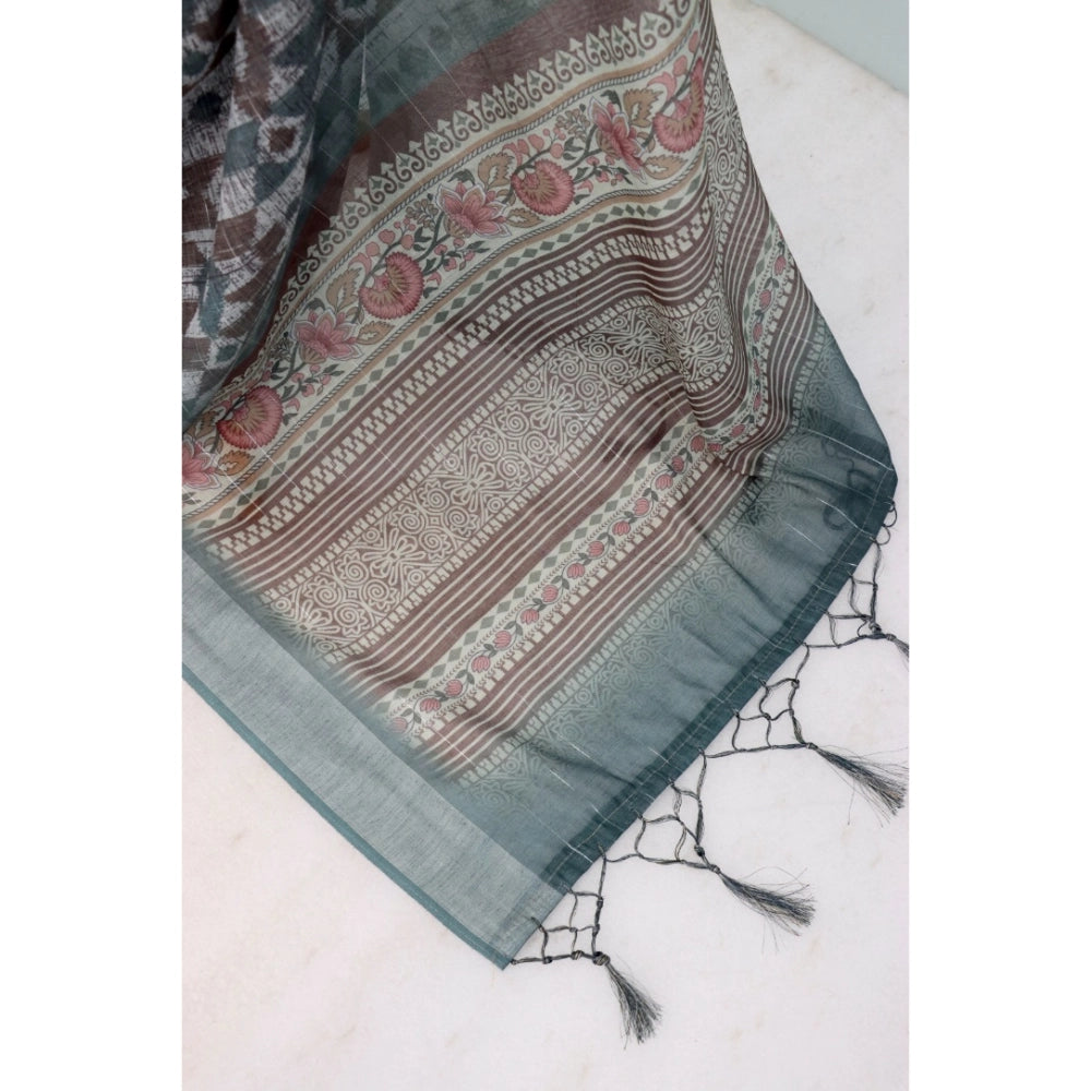 Women's Linen Digital Print Saree With Unstitched Blouse 5.5Mtr (Grey)