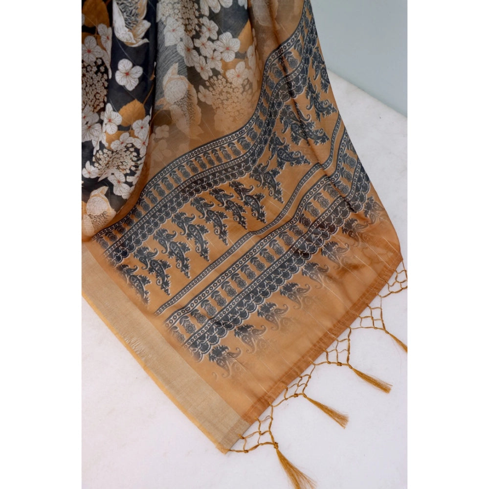 Women's Linen Digital Print Saree With Unstitched Blouse 5.5Mtr (Black)