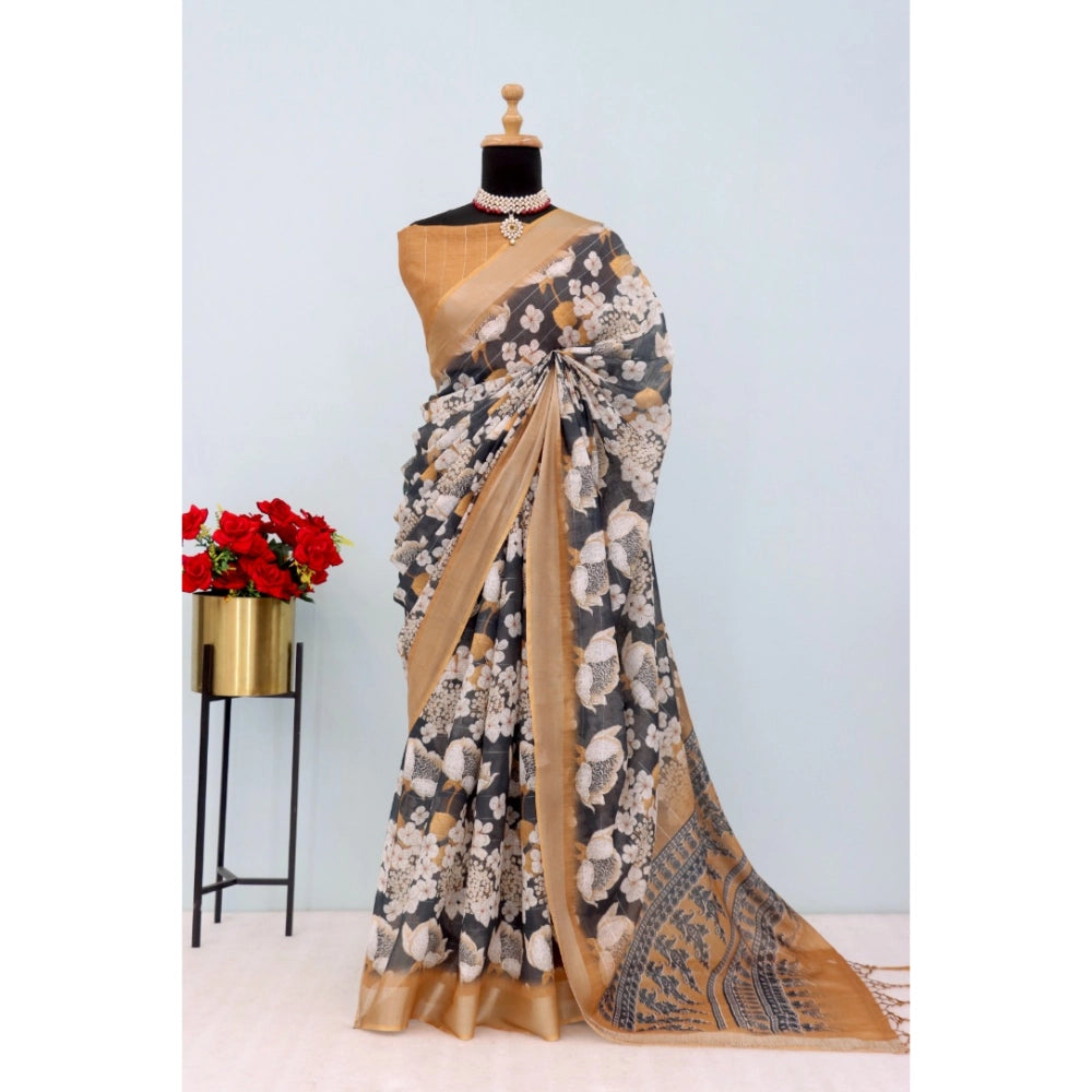 Women's Linen Digital Print Saree With Unstitched Blouse 5.5Mtr (Black)