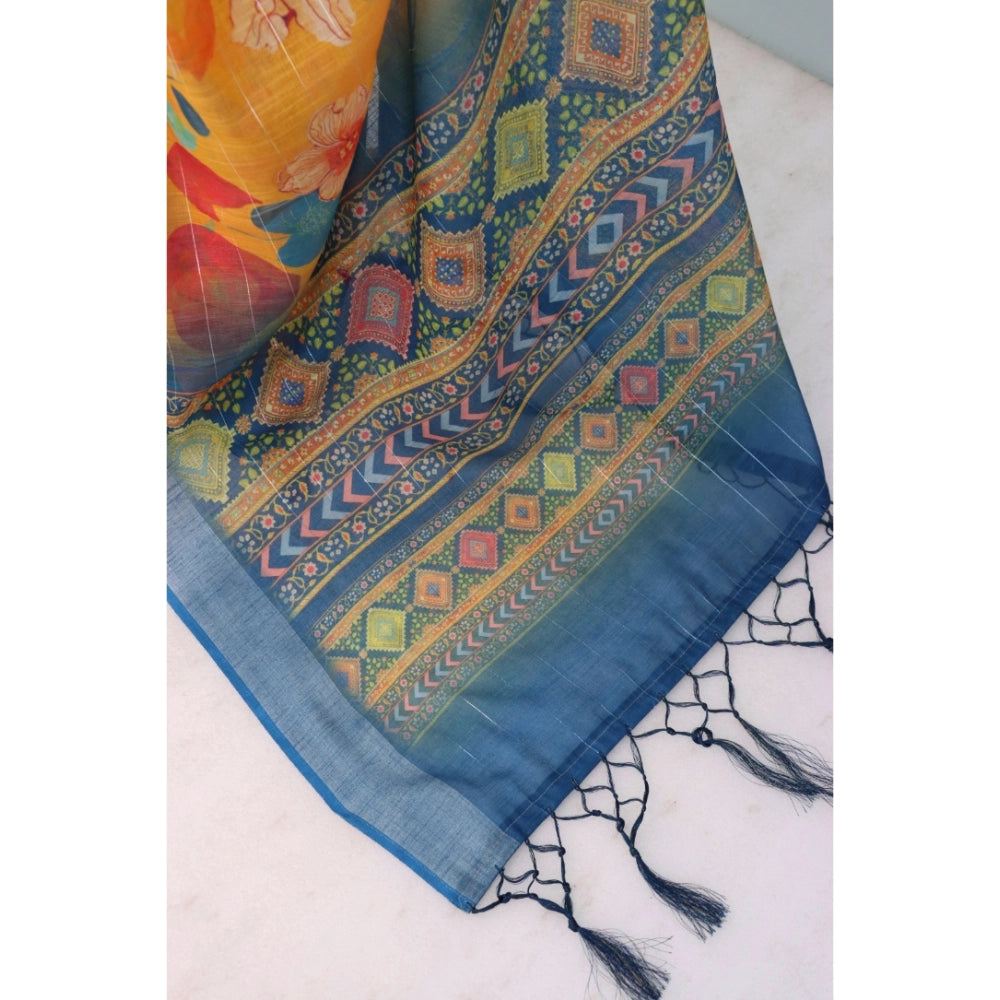 Women's Linen Digital Print Saree With Unstitched Blouse 5.5Mtr (Yellow)