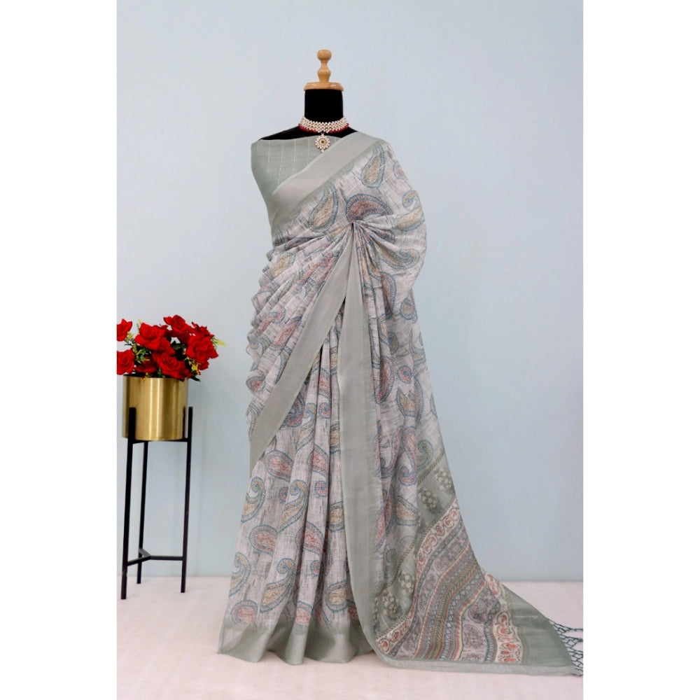 Women's Linen Digital Print Saree With Unstitched Blouse 5.5Mtr (Grey)