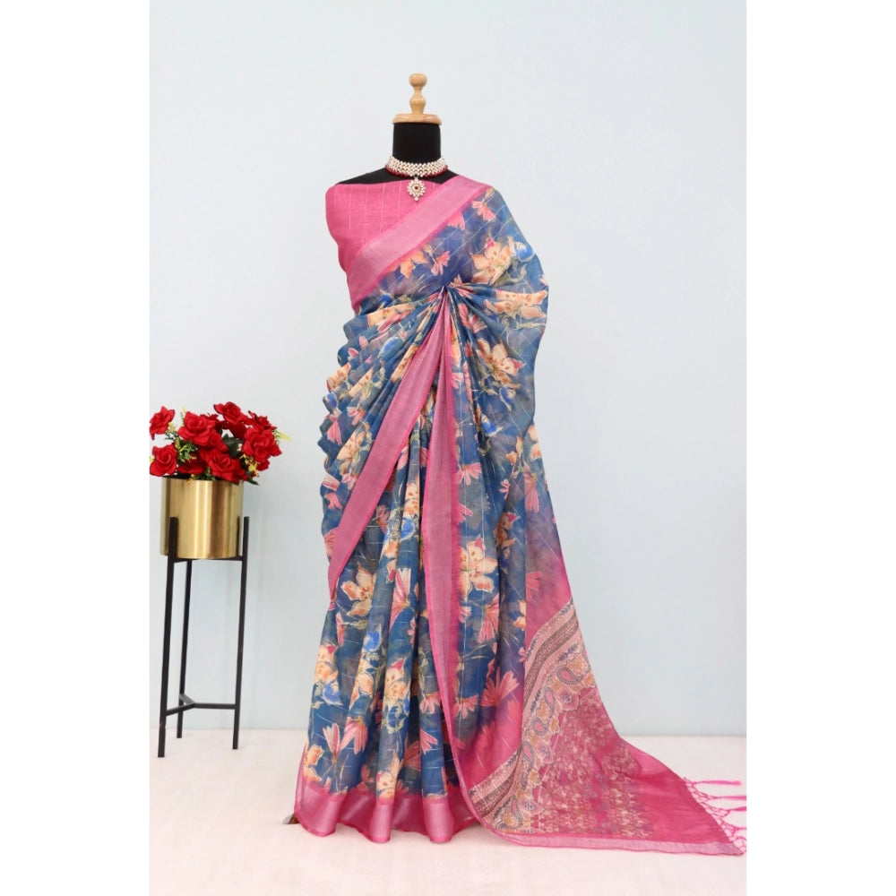 Women's Linen Digital Print Saree With Unstitched Blouse 5.5Mtr (Blue)
