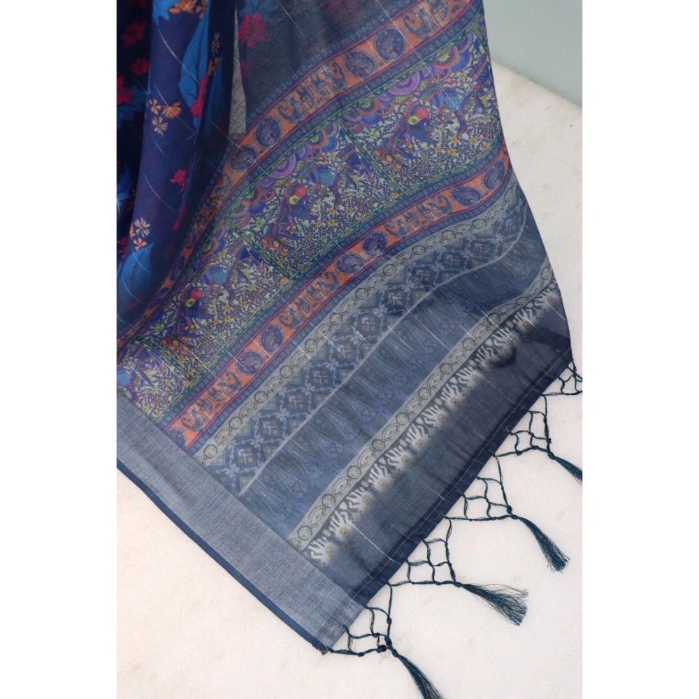 Women's Linen Digital Print Saree With Unstitched Blouse 5.5Mtr (Blue)
