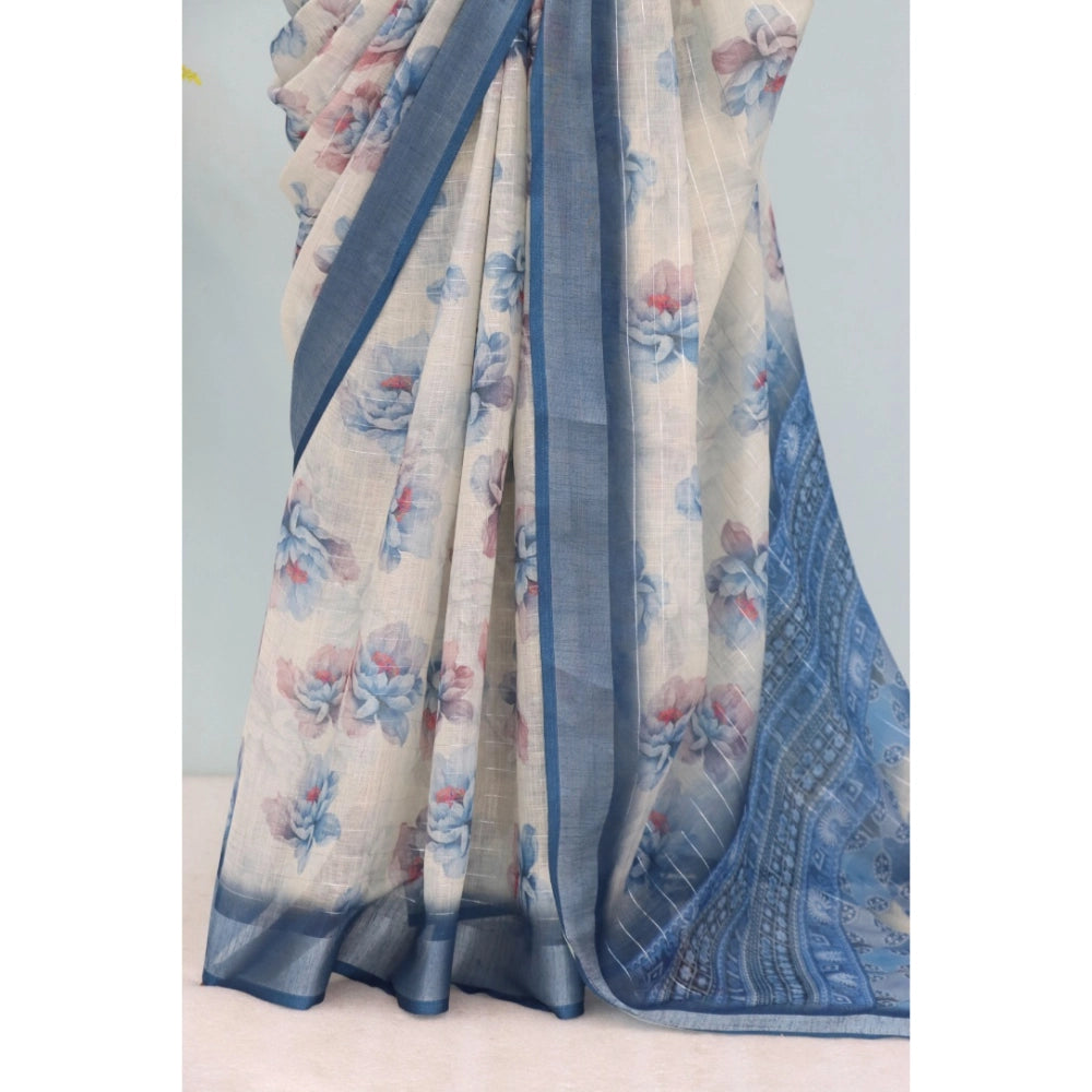 Women's Linen Digital Print Saree With Unstitched Blouse 5.5Mtr (Blue)