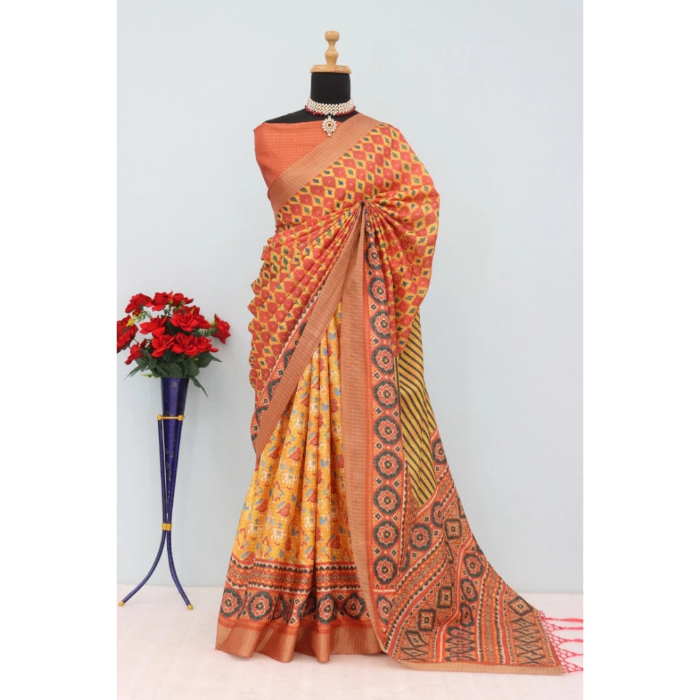 Women's Mysore Silk Digital Print Saree With Unstitched Blouse 5.5Mtr (Orange)