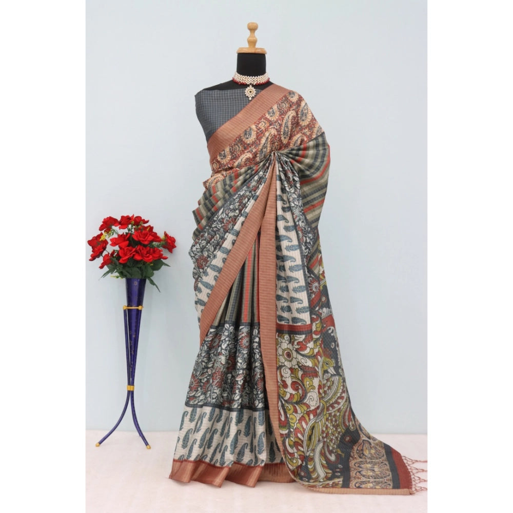 Women's Mysore Silk Digital Print Saree With Unstitched Blouse 5.5Mtr (Grey)