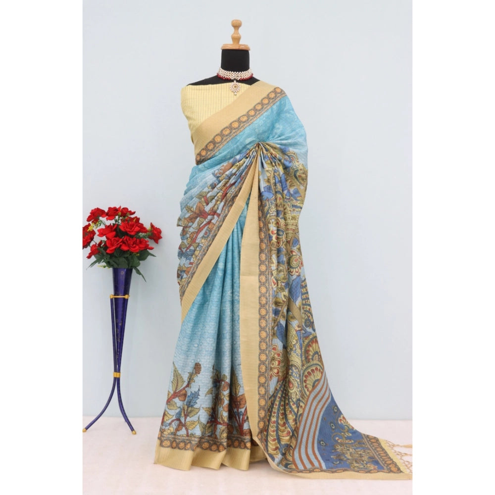 Women's Mysore Silk Digital Print Saree With Unstitched Blouse 5.5Mtr (Sky Blue)