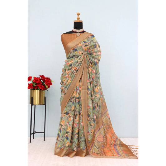 Women's Linen Digital Print Saree With Unstitched Blouse 5.5Mtr (Beige)