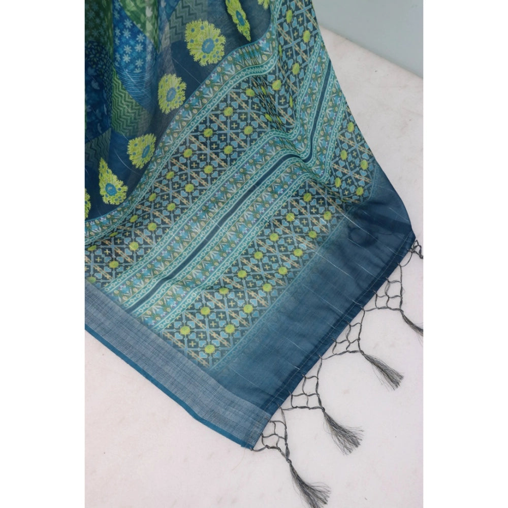 Women's Linen Digital Print Saree With Unstitched Blouse 5.5Mtr (Green)